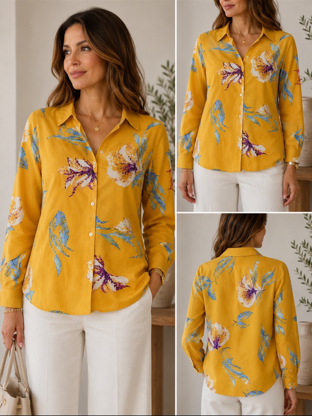 New Mustard Floral Long-Sleeve Button-Down Shirt large